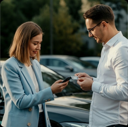 Zwei Menschen vor Auto mit Handy und Führerschein