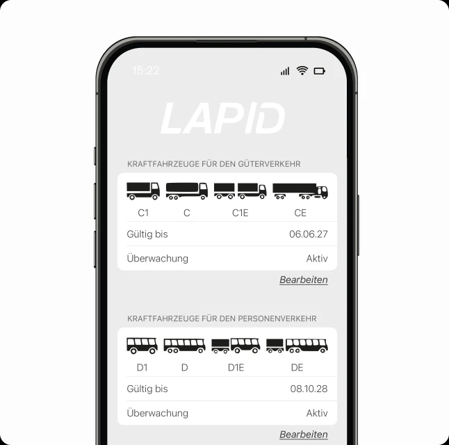 Darstellung der LapID Manager App mit der Übersicht der Fahrerlaubnisklassen.