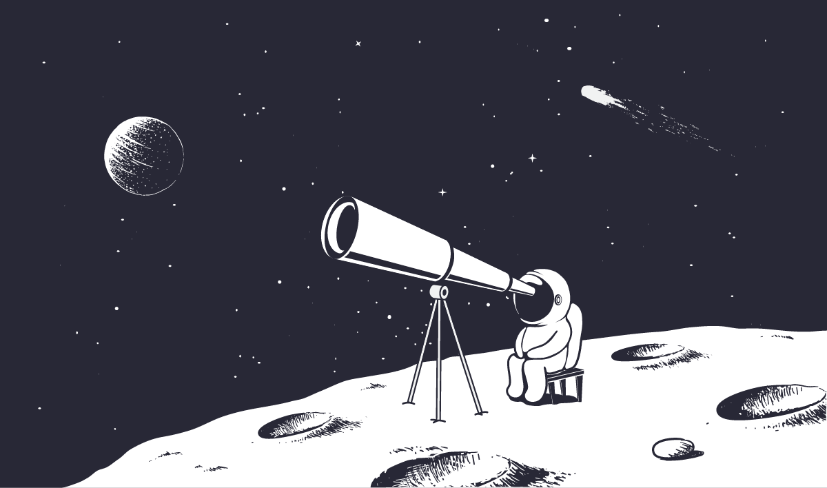Ein Comic-Astronaut der auf dem Mond sitzt und durch ein Fernglas schaut.