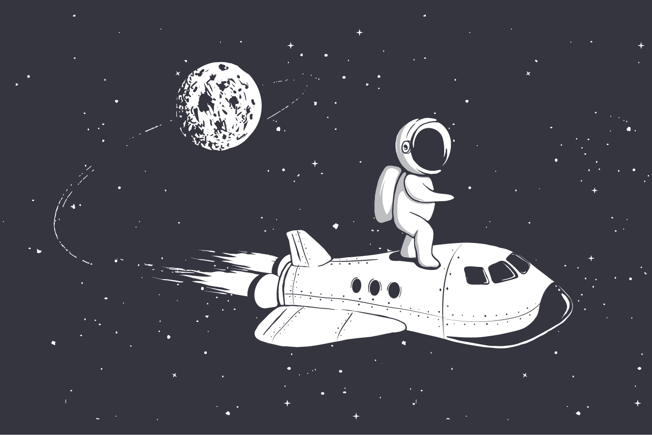 Ein Comic-Astronaut der auf einer Rakete durch das Weltall fliegt.