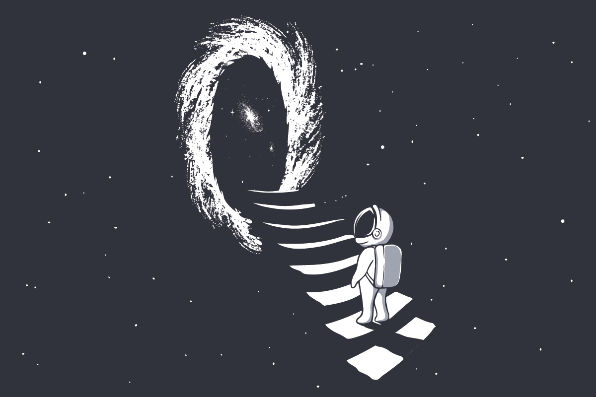 Ein Comic-Astronaut der an einer Treppe vor einem Wurmloch steht.