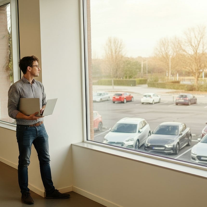 Ein Mann steht mit einem Laptop am Fenster und schaut auf einen Unternehmensparkplatz hinab